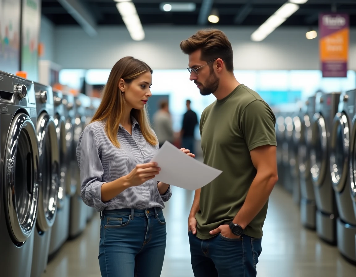Couple hésitant comparant des modèles de lave-linge dans un magasin d'électroménager