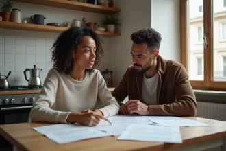 Couple examinant des documents administratifs dans leur appartement parisien pour justifier un foyer stable et continu