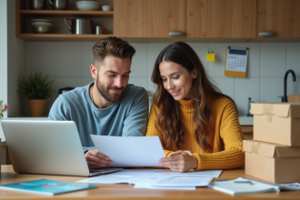 Jeune couple organisant leur déménagement à la maison