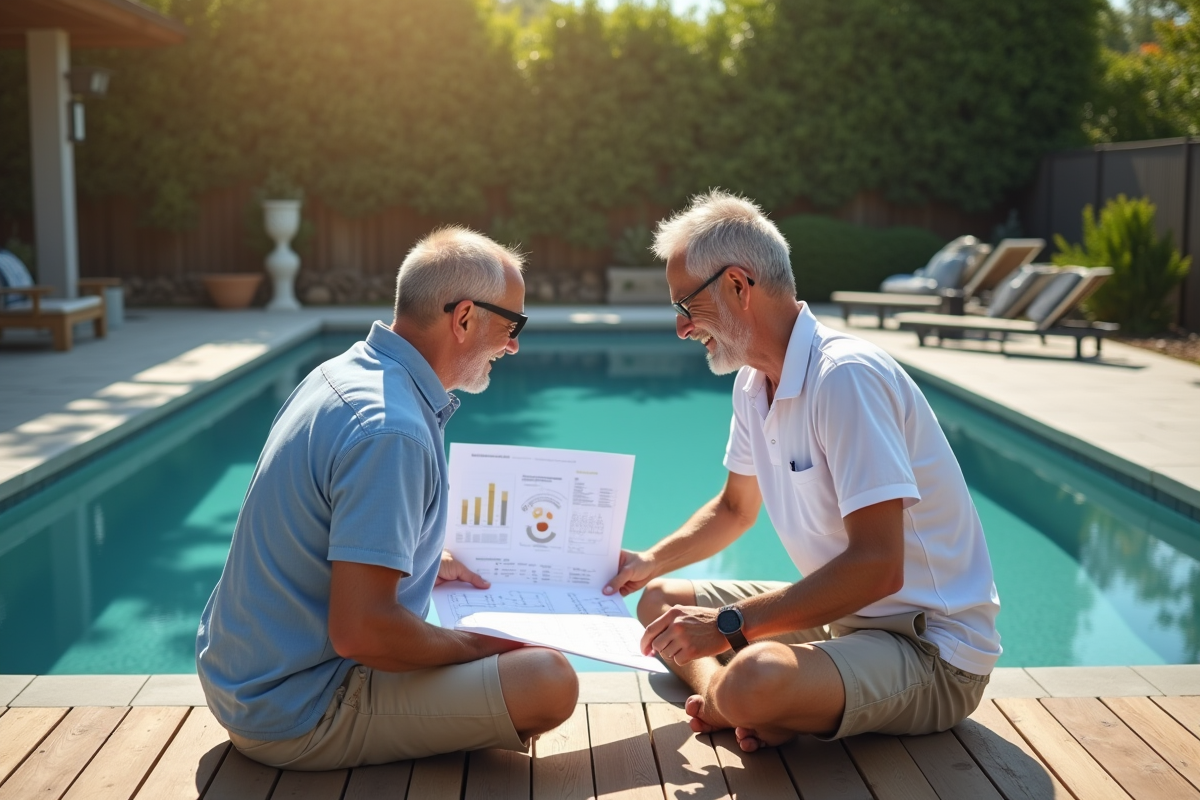 Couple souriant devant leur piscine et terrasse en bois