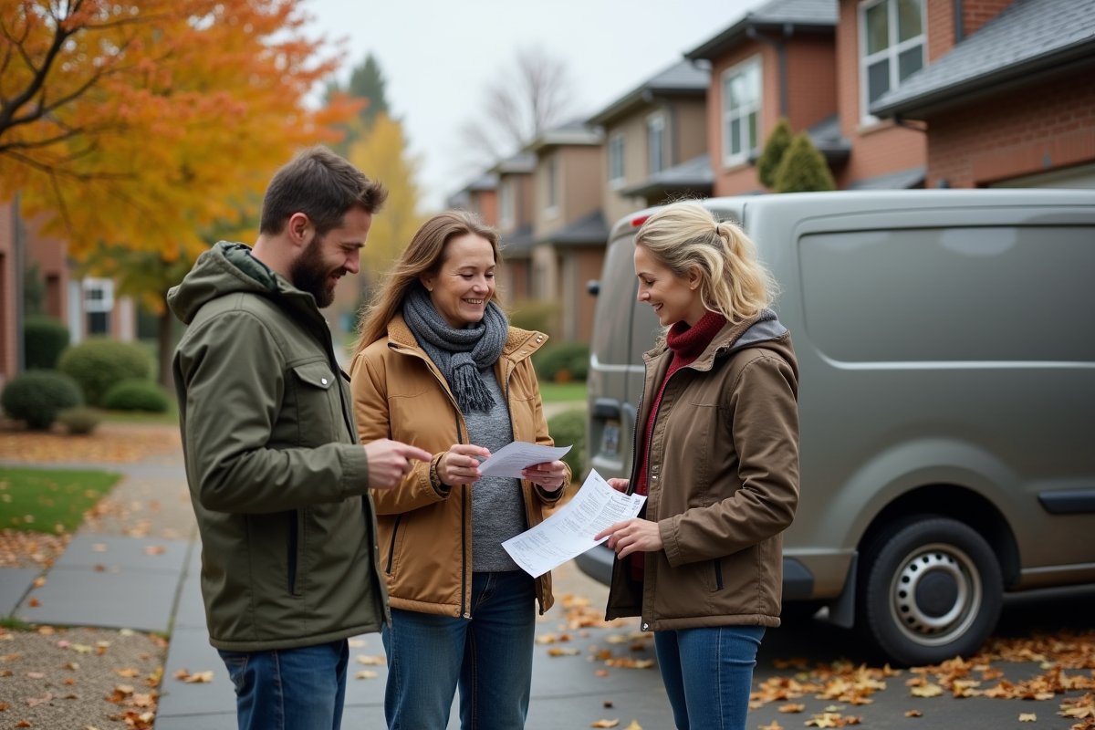 Couple en extérieur examinant des flyers de rénovation de toit