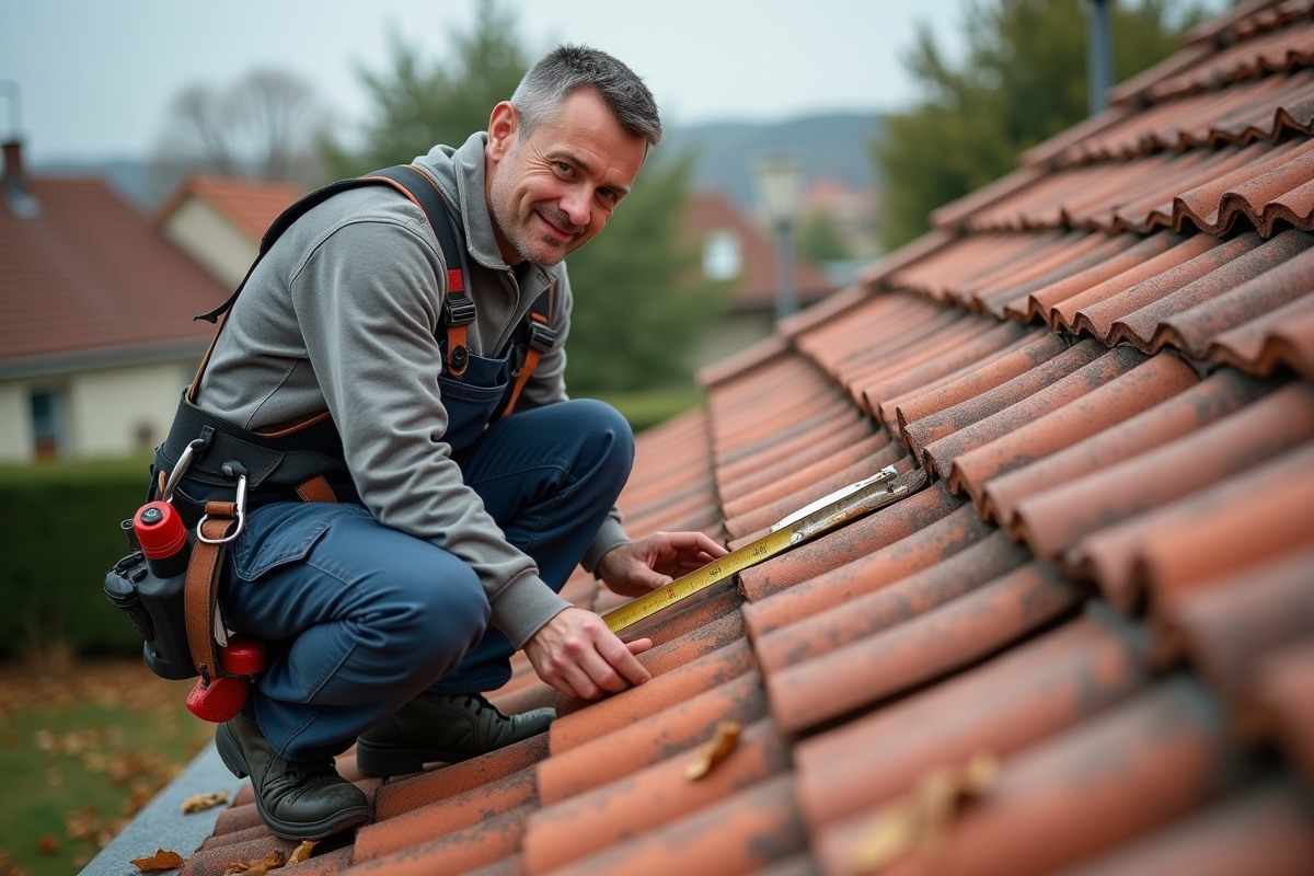 Couvreur en action sur un toit en tuiles françaises