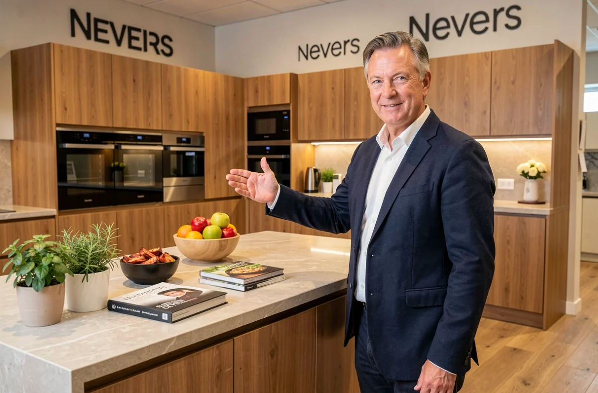 Conseiller de vente Cuisine Plus Nevers présentant une cuisine équipée avec plan de travail en pierre