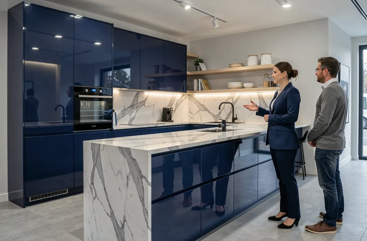 Cuisines Schmidt Morbihan exposant une cuisine bleu nuit sans poignées avec îlot en marbre et conseillère présentant le modèle à des clients
