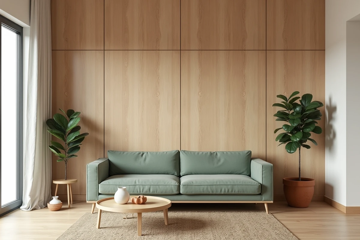 Mur accent en salon recouvert de dalles PVC effet bois chêne naturel tendance décoration 2026