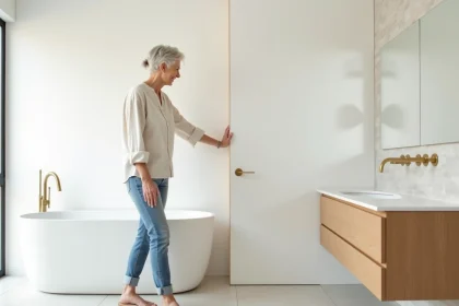 Salle de bain rénovée avec dalles PVC murales blanches mate remplaçant le carrelage traditionnel