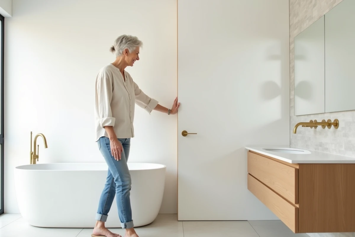Salle de bain rénovée avec dalles PVC murales blanches mate remplaçant le carrelage traditionnel
