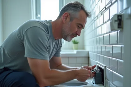 Plombier amateur inspectant un sanibroyeur mural dans une petite salle de bain moderne avec une clé à molette