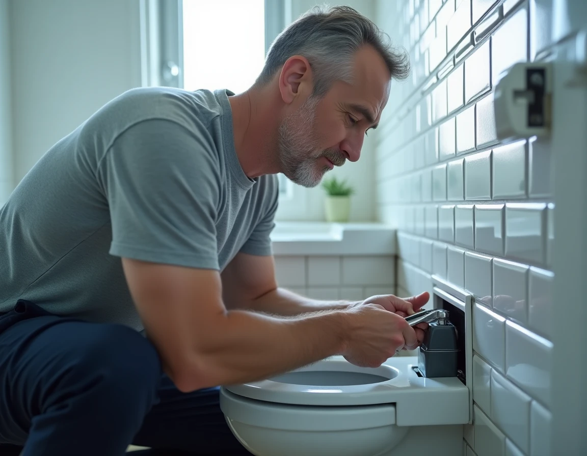 Plombier amateur inspectant un sanibroyeur mural dans une petite salle de bain moderne avec une clé à molette