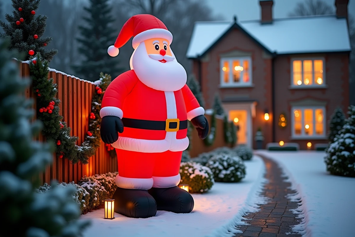 Grande décoration gonflable Père Noël dans un jardin de maison avec guirlandes et lanternes pour Noël
