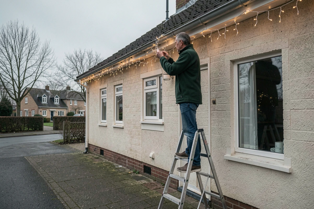 Homme installant des guirlandes lumineuses discrètes sur la façade de sa maison pour Noël