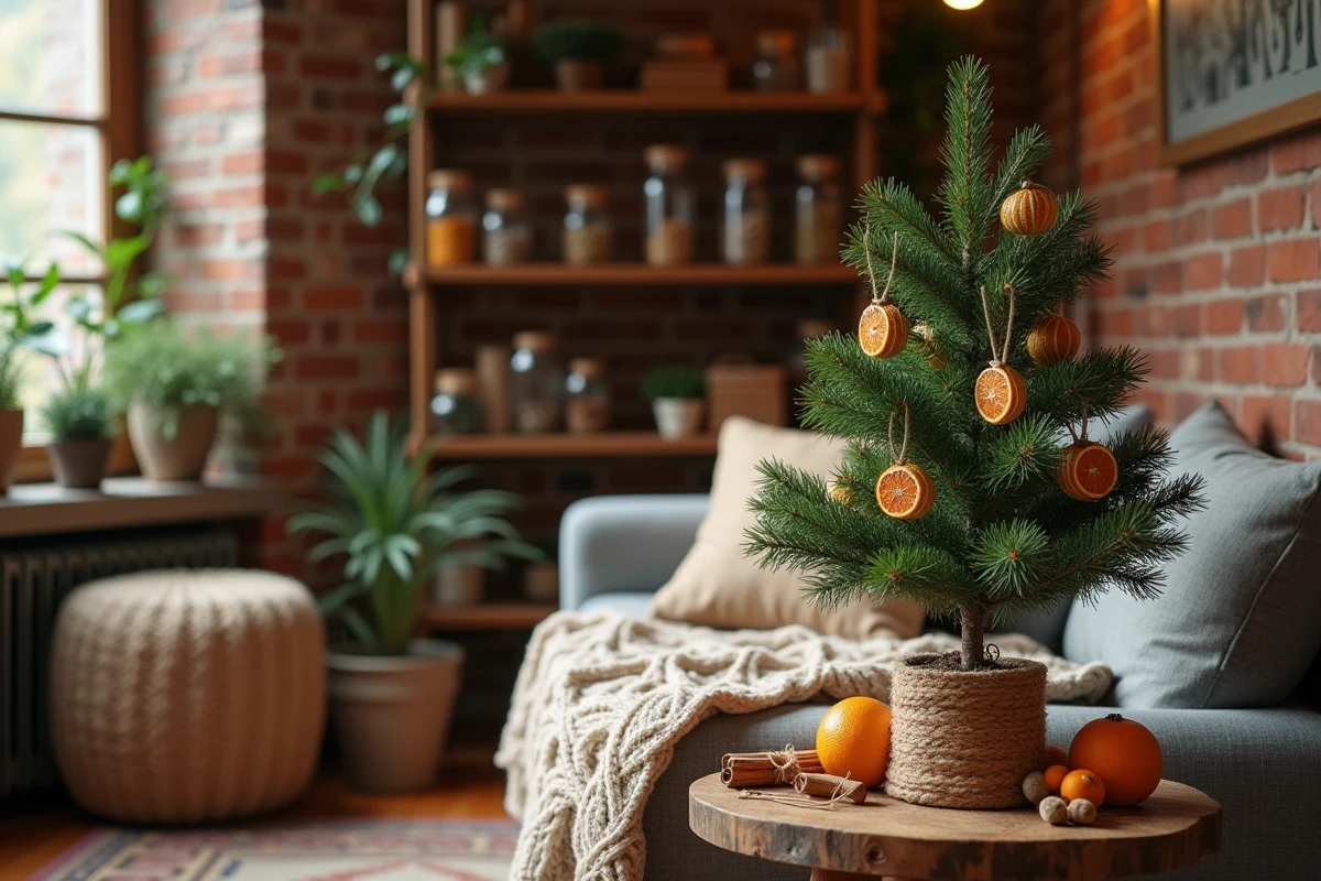 Salon décoré pour Noël de façon éco-responsable avec un petit sapin en pot, des ornements naturels en tranches d'orange séchée et cannelle, et une ambiance chaleureuse en matériaux durables