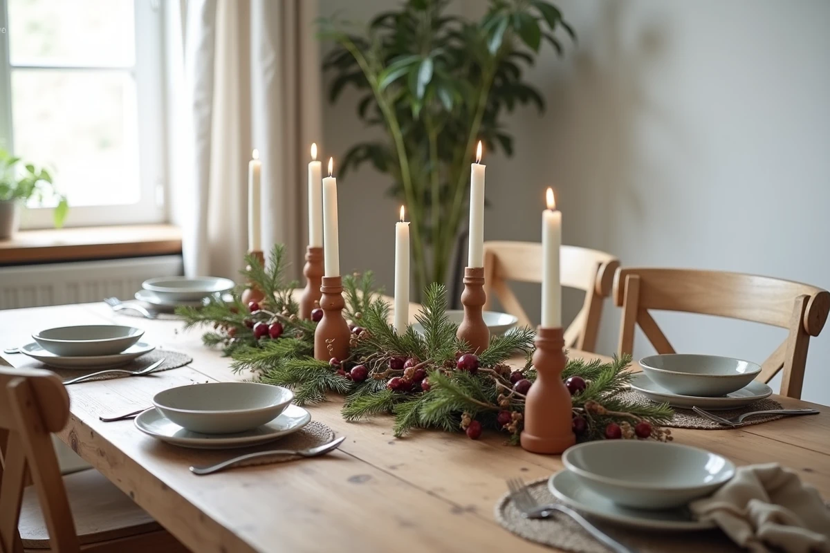 Table de salle à manger décorée pour Noël de manière durable avec des branches de sapin, des bougies en cire d'abeille réutilisables et une guirlande de canneberges séchées sur fil de lin