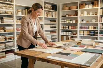 Décoratrice de l'agence LeSavoirFaireDéco à Lille étudiant des échantillons de matériaux pour l'identité visuelle d'un commerce