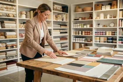 Décoratrice de l'agence LeSavoirFaireDéco à Lille étudiant des échantillons de matériaux pour l'identité visuelle d'un commerce