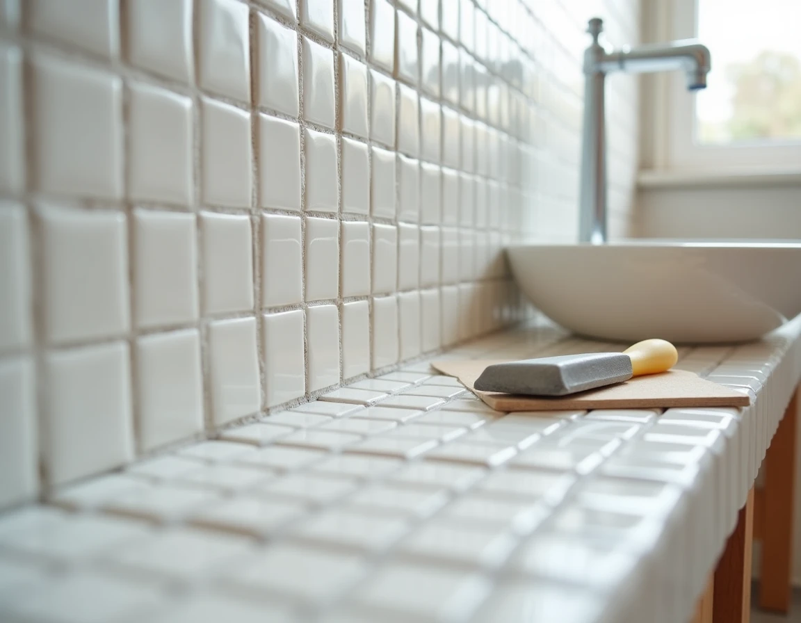 Détail de carrelage mural en mosaïque blanche posé dans une salle de bain rénovée avec joints frais