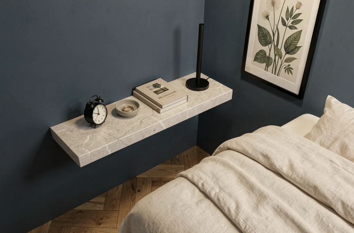 Détail table de nuit flottante en pierre frittée dans une suite parentale 15m2, mur bleu ardoise et parquet chêne, décoration chic 2026