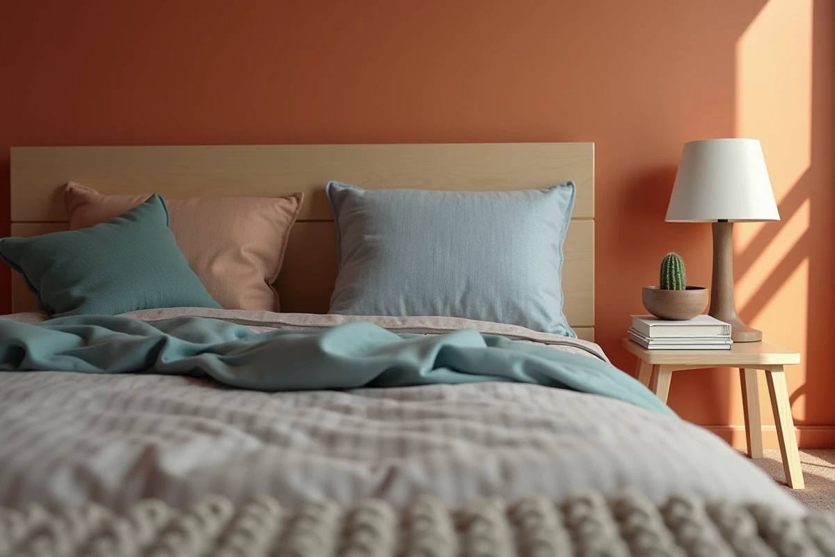 Détail déco chambre garçon avec mur terracotta et accessoires bleu poudre, exemple de couleurs complémentaires reposantes pour les yeux
