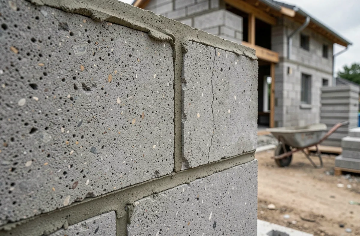 Détail d'un mur en parpaings 20 fraîchement posés avec joints de mortier uniformes, gros plan macro