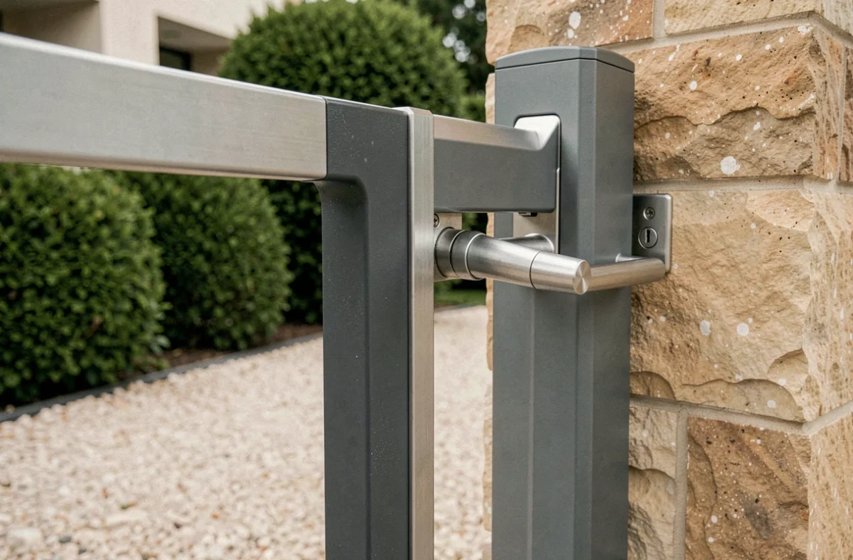 Détail du mécanisme et de la serrure d'un portillon intégré dans un portail coulissant en aluminium