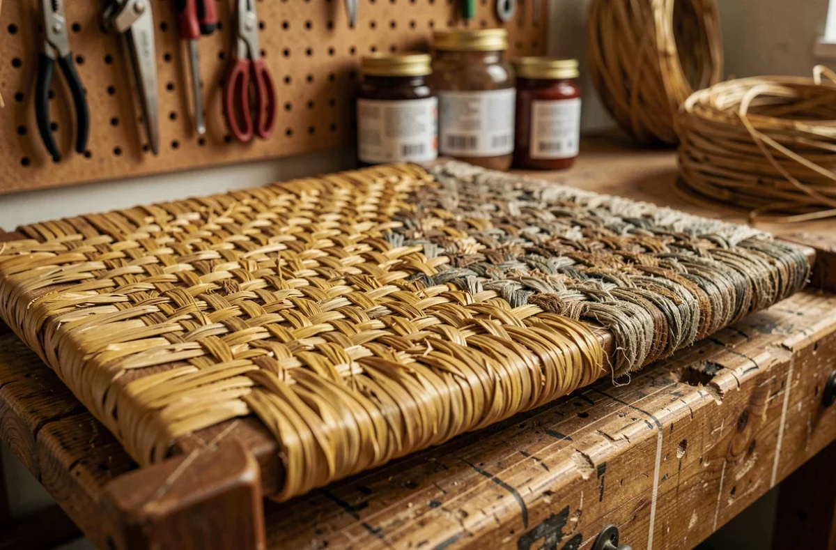 Gros plan sur l'assise paillée d'une chaise en cours de restauration avec tressage naturel neuf et ancien sur établi d'artisan