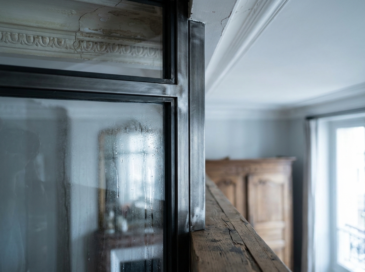 Gros plan sur la structure métallique noire d'une verrière industrielle dans un appartement ancien avec moulures au plafond