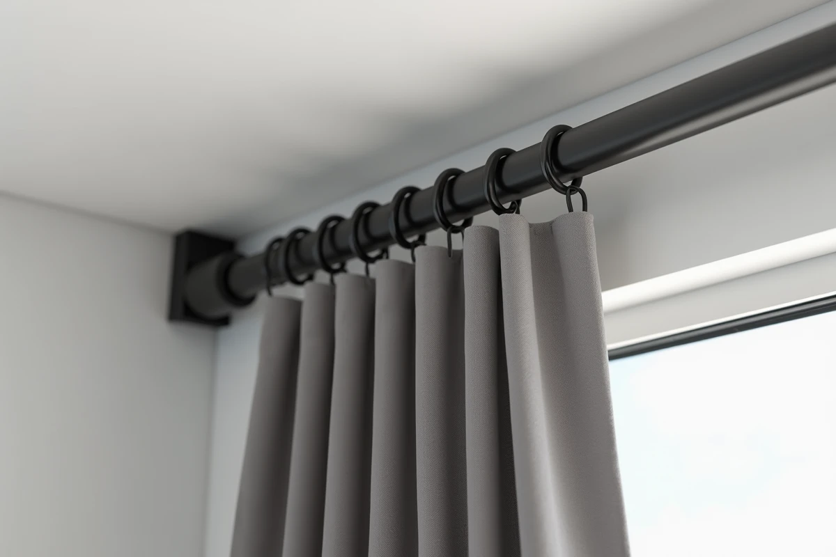 Détail d'un support de tringle à rideau fixé au plafond pour baie coulissante avec rideau en velours gris et anneaux métalliques