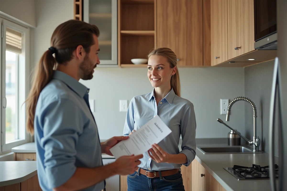 Femme discutant avec un &eacute;lectricien &agrave; c&ocirc;t&eacute; d