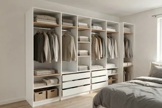 Kit dressing modulable blanc installé dans une chambre de location meublée avec étagères, penderie et tiroirs bien organisés