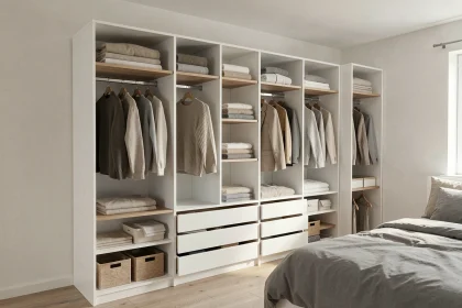 Kit dressing modulable blanc installé dans une chambre de location meublée avec étagères, penderie et tiroirs bien organisés