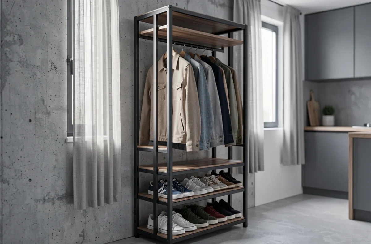 Dressing modulable compact à cadre métallique anthracite dans un studio meublé en location avec chaussures et vêtements rangés