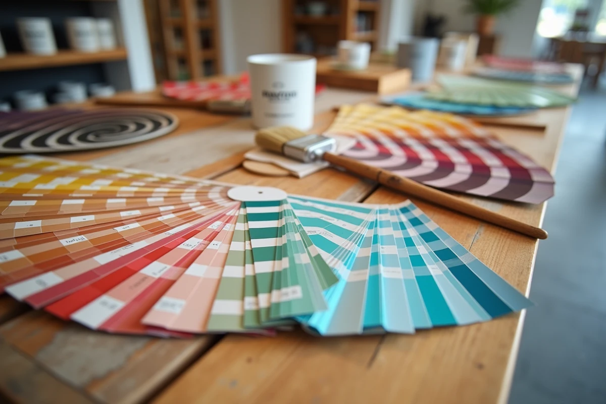 Table de présentation en magasin de peinture couverte d'échantillons de couleurs, de petits pots de peinture et de pinceaux professionnels