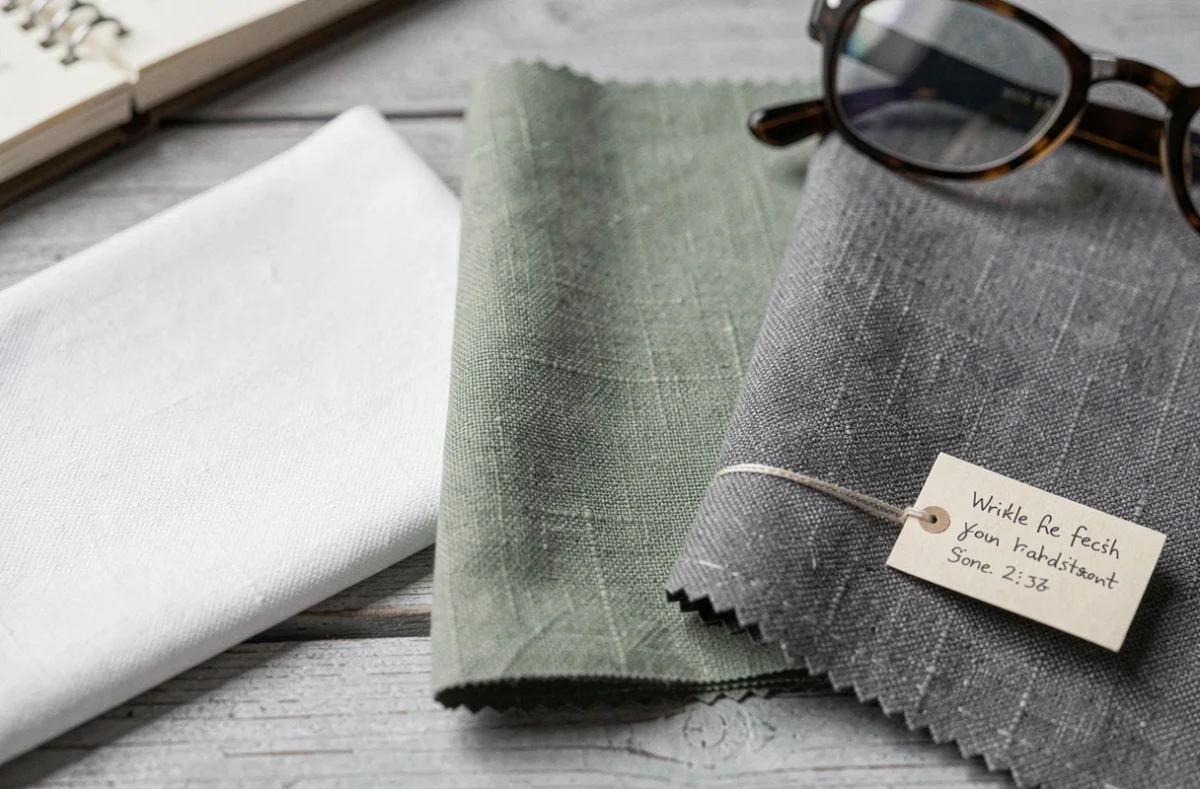 Échantillons de nappes infroissables en tissu anti-plis blanc, vert sauge et gris charbon comparés côte à côte