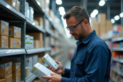 Électricien comparant les lumens et les watts sur l'emballage d'une ampoule LED en magasin de bricolage