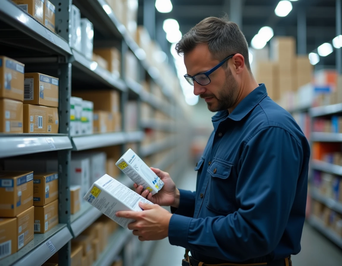 Électricien comparant les lumens et les watts sur l'emballage d'une ampoule LED en magasin de bricolage