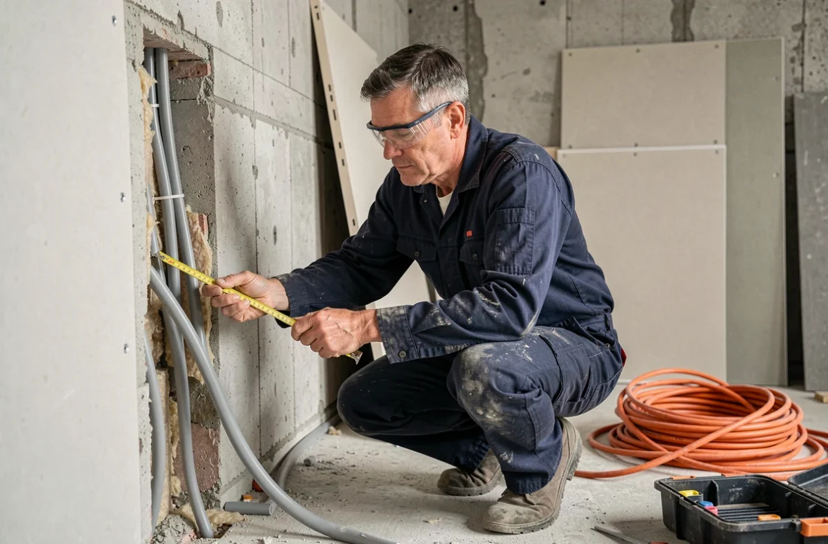 Électricien installant des conduits électriques dans une cloison avant la pose de l'isolation dans une maison en rénovation