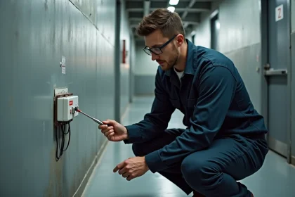 Électricien inspectant le câblage d'un bloc autonome d'éclairage de sécurité (BAES) dans un couloir industriel