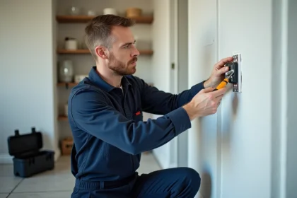 &Eacute;lectricien professionnel installant une prise triphas&eacute;e dans une pi&egrave;ce moderne