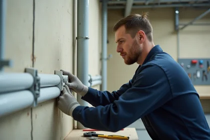 Électricien professionnel installant une prise électrique dans une goulotte PVC blanche fixée sur un mur en béton