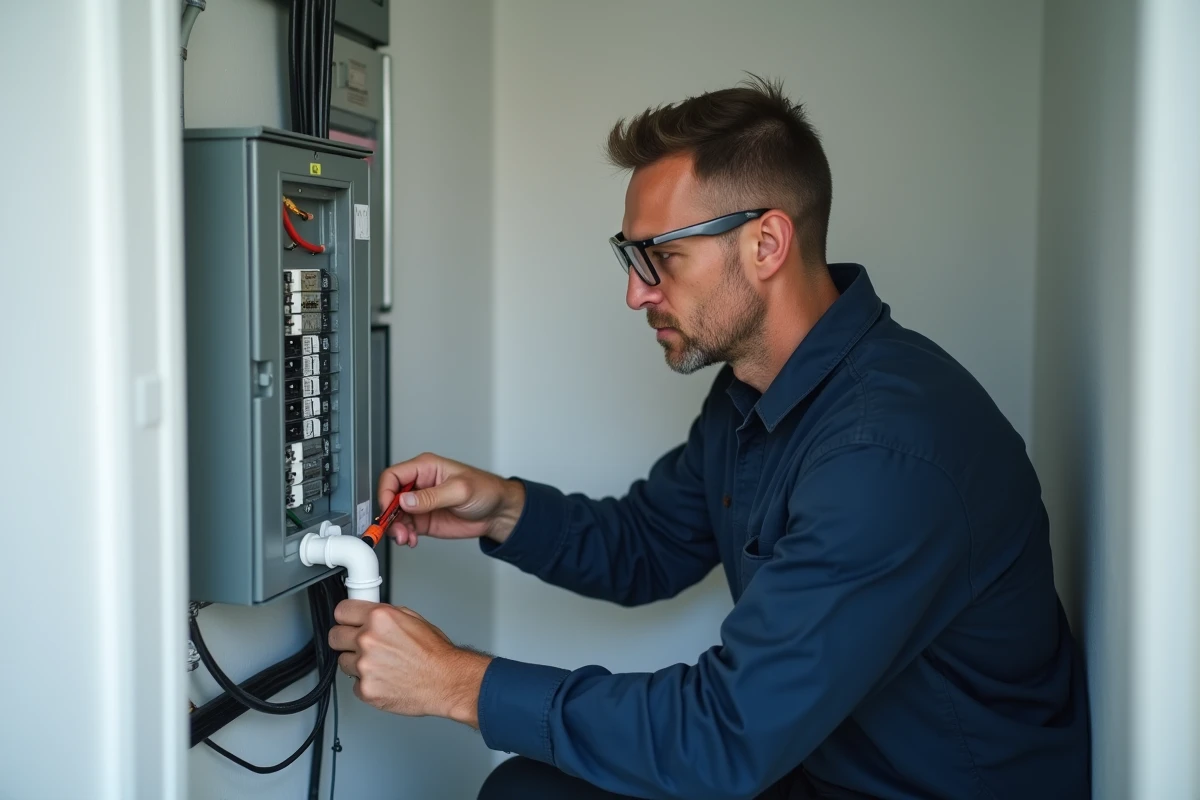 Électricien installant une goulotte blanche sur un tableau électrique dans un petit logement