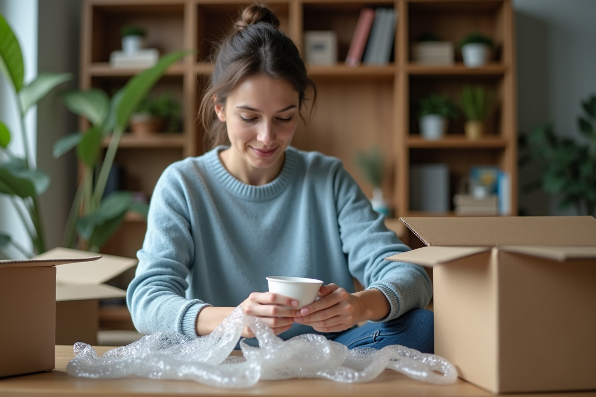 Femme emballant une tasse en porcelaine délicate avec soin
