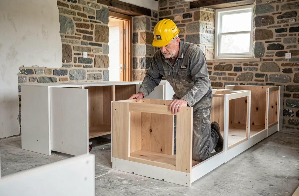 Technicien de l'Entreprise Boceno installant des meubles bas de cuisine dans une maison bretonne en rénovation aux murs en pierre