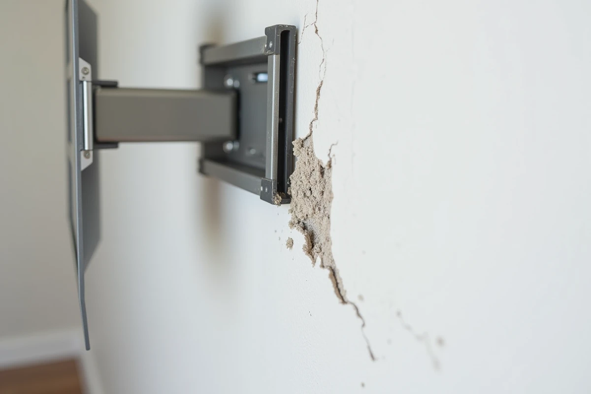 Gros plan sur une fixation de support TV en placo avec chevilles mal posées et plâtre fissuré autour des vis