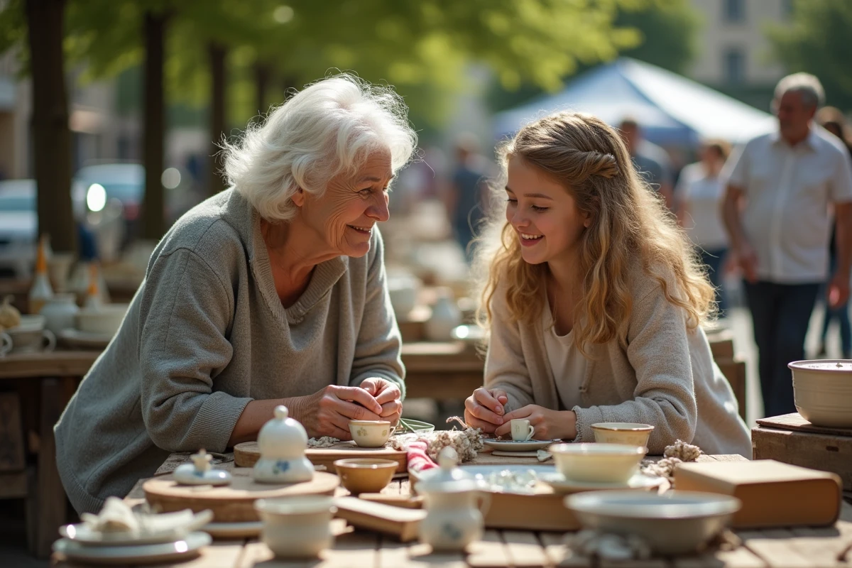 Grand-mère et petite-fille qui fouillent ensemble les étalages d'un vide-grenier en plein air dans les Hauts-de-Seine