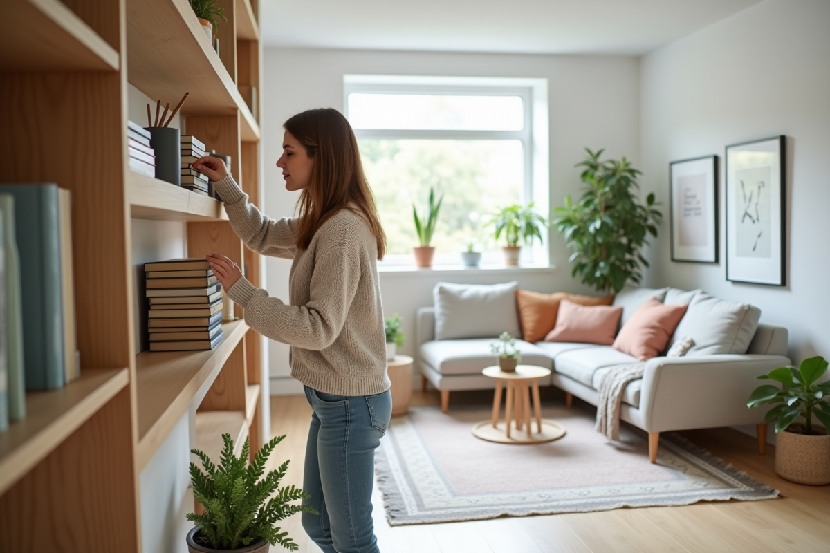 Femme arrangeant des livres dans un sous-sol rénové