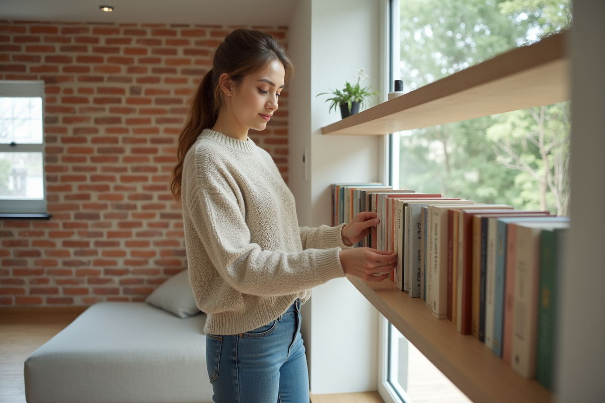 Femme arrangeant des livres dans un sous-sol rénové lumineux