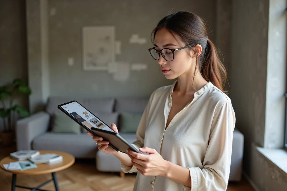 Femme utilisant une application de décoration intérieure sur tablette dans un salon en cours de rénovation en 2026