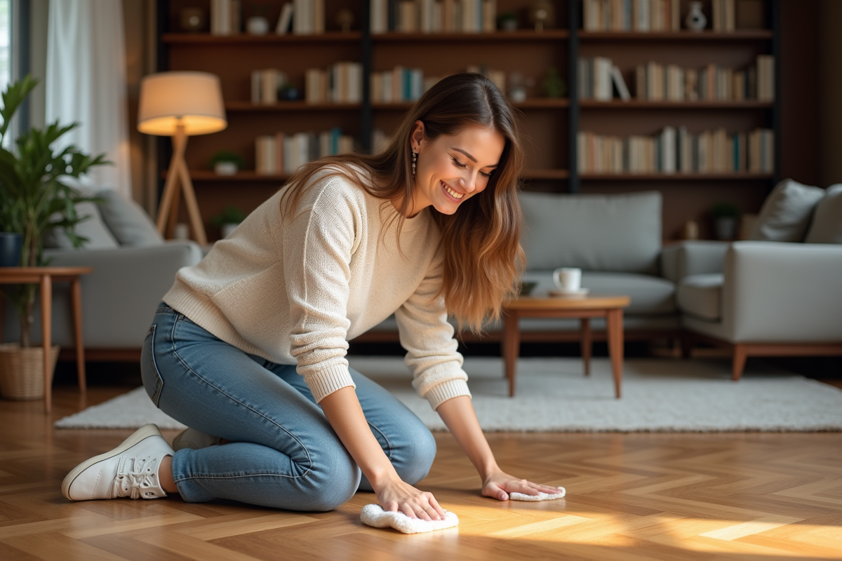 Femme souriante appliquant de l'huile sur le parquet