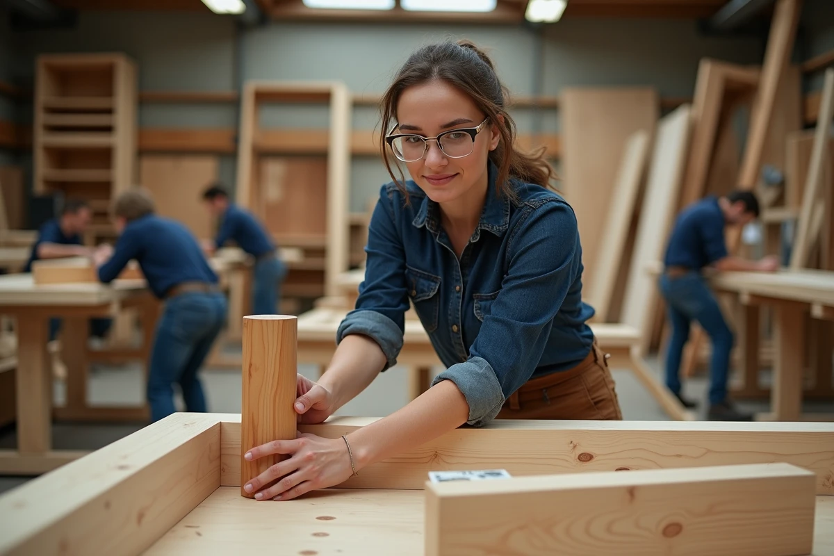 Femme en atelier de menuiserie assemblant un joint tenon et mortaise avec un maillet en bois