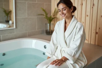 Femme en peignoir blanc détendue dans un bain à remous moderne